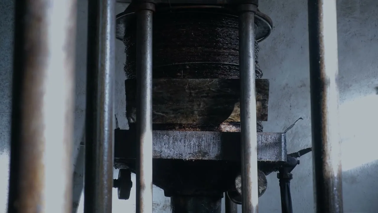 The tower of pressed capachos in the lagar.