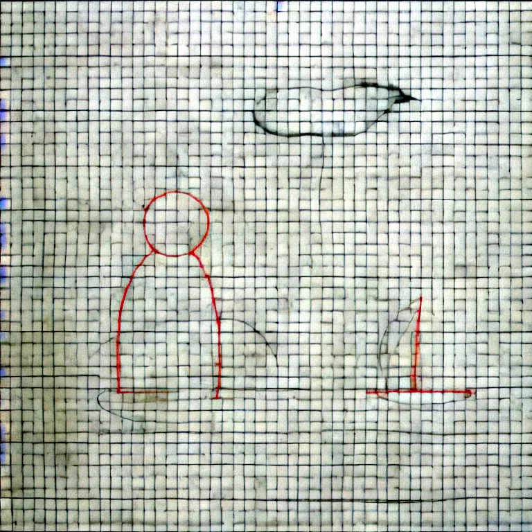 A pencil field sketch of a giant wading beside a ship while a starling flies above