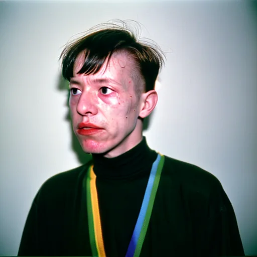 The picture it came from: a young man in a black turtleneck with coloured straps across his chest, against a white wall.