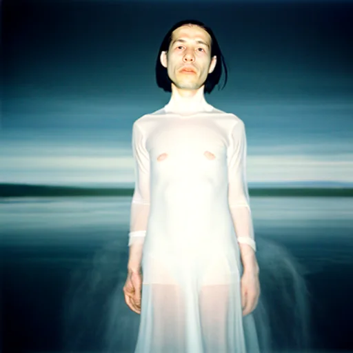 The picture it came from: a pale figure in a sheer white garment standing in front of a grey-blue sea.