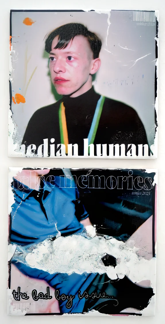 Two tiles hung one above the other. The top one carries a young man in a black turtleneck over the words median humans; the lower one, cracked and flaking, carries a figure in a blue shirt under the words false memories and the bad boy issue.