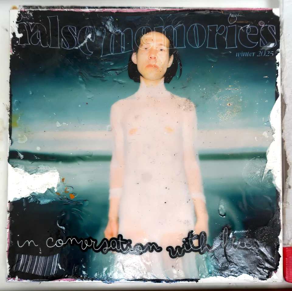 A tile carrying a pale figure in a sheer white garment standing in front of the sea, under the words false memories, with in conversation with written by hand across the bottom. The transfer is scraped away at the edges.