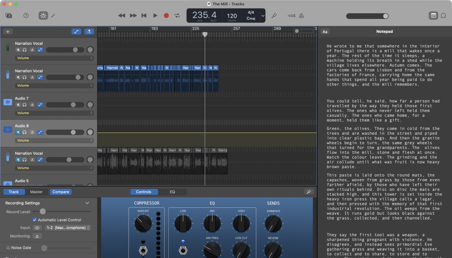 A screenshot of the GarageBand arrange window titled The Mill - Tracks. The transport reads bar 235.4, tempo 120, 4/4 Cmaj. Six track headers are visible: Narration Vocal, Narration Vocal, Audio 7, Audio 8, Narration Vocal, Audio 5. Two lanes are tiled edge to edge with dozens of small regions all named Narration Vocal. A Recording Settings panel at the bottom left has Automatic Level Control ticked, input 1-2 Mac microphone and the noise gate off; Smart Controls beside it show COMPRESSOR, EQ and SENDS with AMBIENCE and REVERB knobs. The Notepad pane on the right holds the narration script.