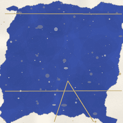 A chalk-white net of straight segments drawing itself across a torn ultramarine field